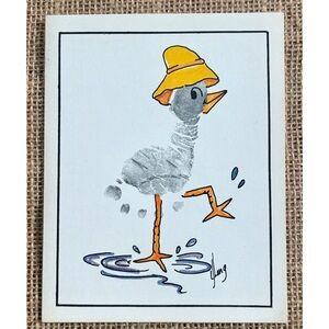 Vintage Blank Note Card Footprint Fingerprint Art Duck Splashing In Puddle Funny